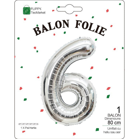 Balon Folie Metalizata Cifra 6, Flippy, 80 cm, Argintiu-1