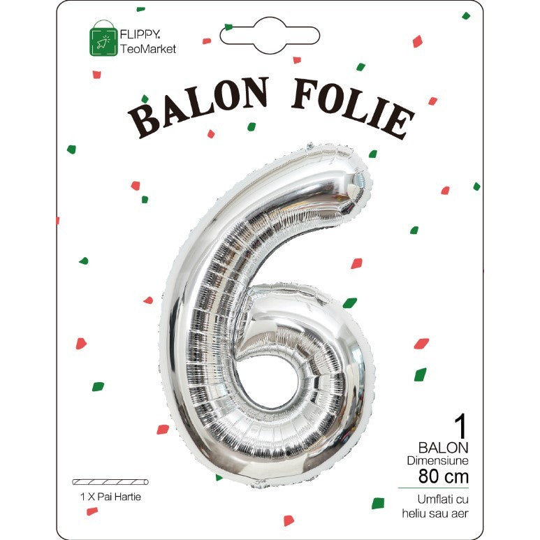 Balon Folie Metalizata Cifra 6, Flippy, 80 cm, Argintiu-1