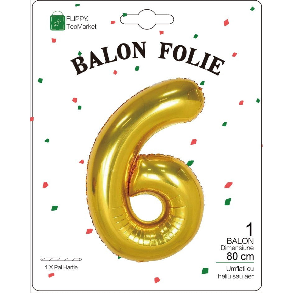 Balon Folie Metalizata Cifra 6, Flippy, 80 cm, Umflati cu Heliu sau Aer, Ambalaj Individual, Auriu-1