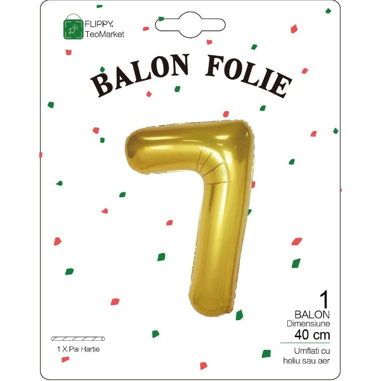 Balon Folie Metalizata Cifra 7, Flippy, 40 cm, Ambalaj Individual, Pai Inclus, Auriu-1