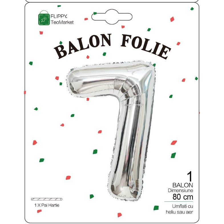 Balon Folie Metalizata Cifra 7, Flippy, 80 cm, Argintiu-1