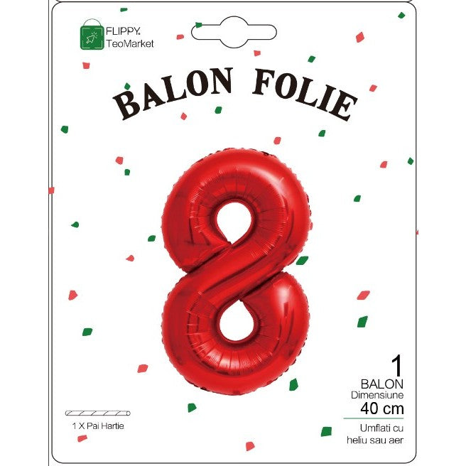Balon Folie Metalizata Cifra 8, Flippy, 40 cm,  Ambalaj Individual, Pai Inclus, Rosu-1