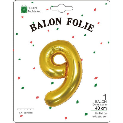 Balon Folie Metalizata Cifra 9, Flippy, 40 cm, Ambalaj Individual, Pai Inclus, Auriu-1