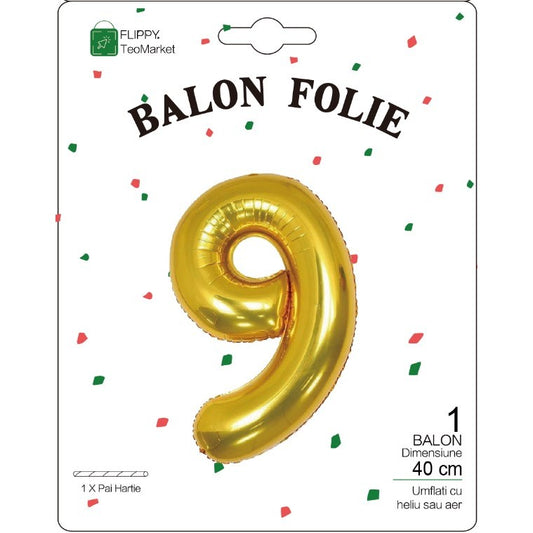 Balon Folie Metalizata Cifra 9, Flippy, 40 cm, Ambalaj Individual, Pai Inclus, Auriu-1