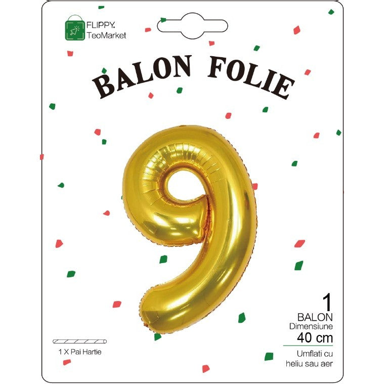 Balon Folie Metalizata Cifra 9, Flippy, 40 cm, Ambalaj Individual, Pai Inclus, Auriu-1