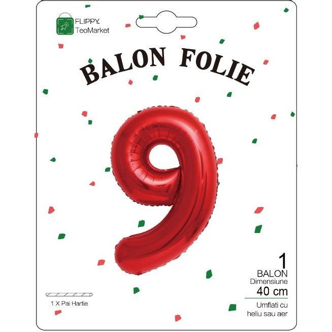 Balon Folie Metalizata Cifra 9, Flippy, 40 cm, Ambalaj Individual, Pai Inclus, Rosu-1