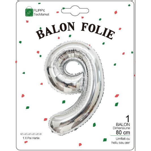 Balon Folie Metalizata Cifra 9, Flippy, 80 cm, Argintiu-1