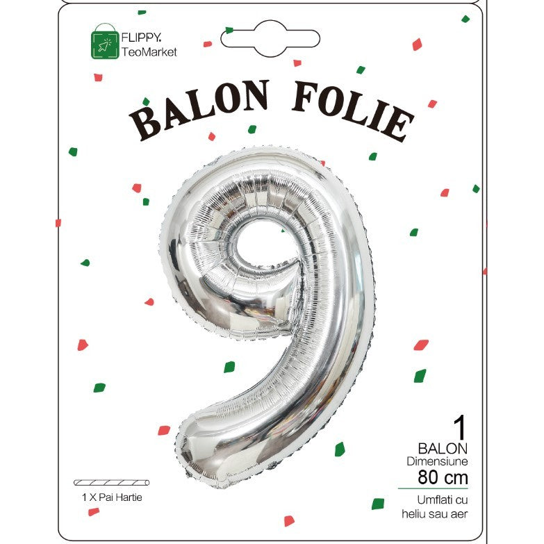 Balon Folie Metalizata Cifra 9, Flippy, 80 cm, Argintiu-1