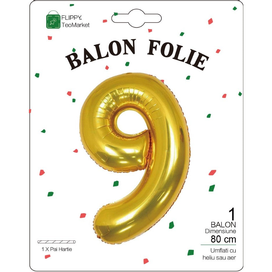 Balon Folie Metalizata Cifra 9, Flippy, 80 cm, Umflati cu Heliu sau Aer, Ambalaj Individual, Auriu-1