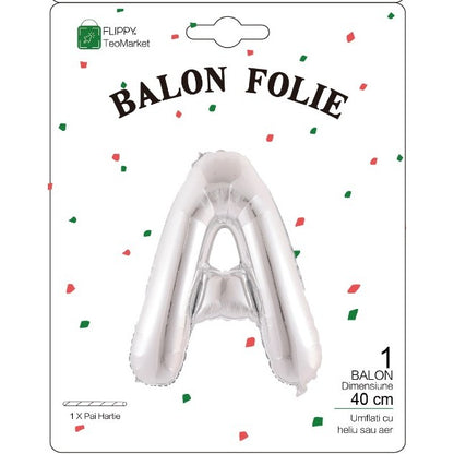 Balon Folie Metalizata Litera A, Flippy, 40 cm, Umflati cu Heliu sau Aer, Ambalaj Individual, Pai inclus, Argintiu-1