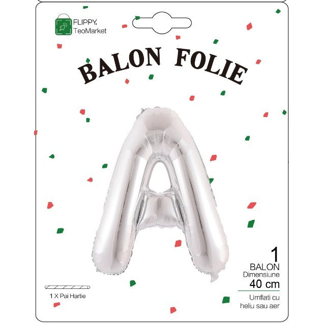 Balon Folie Metalizata Litera A, Flippy, 40 cm, Umflati cu Heliu sau Aer, Ambalaj Individual, Pai inclus, Argintiu-1