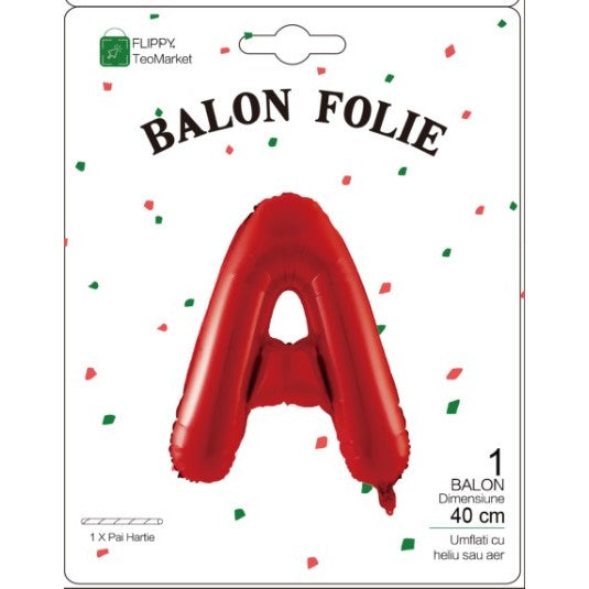 Balon Folie Metalizata Litera A, Flippy, 40 cm, Umflati cu Heliu sau Aer, Ambalaj Individual, Pai inclus, Ambalaj Individual, Pai inclus,  Rosu-0