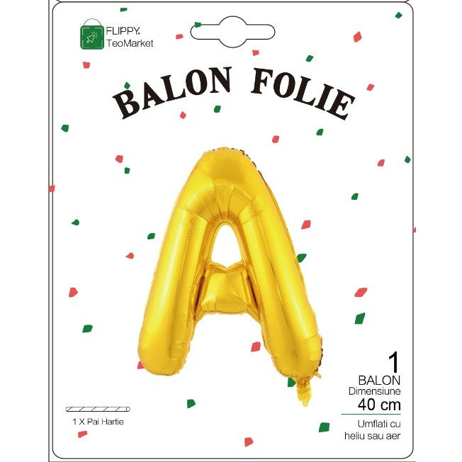 Balon Folie Metalizata Litera A, Flippy, 40 cm, Umflati cu Heliu sau Aer, Ambalaj Individual, Pai inclus, Auriu-1