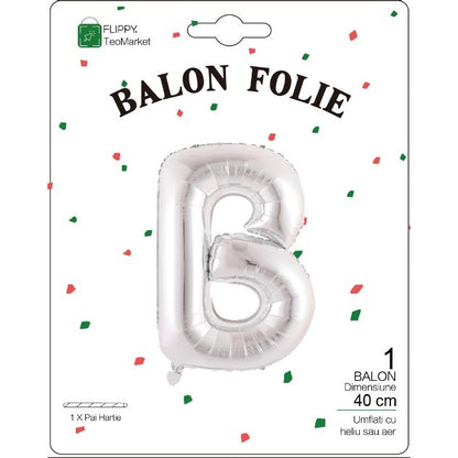 Balon Folie Metalizata Litera B, Flippy, 40 cm, Umflati cu Heliu sau Aer, Ambalaj Individual, Pai inclus, Argintiu-1