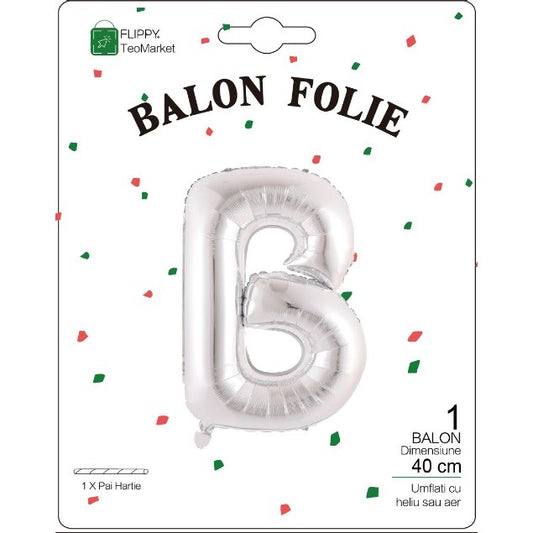 Balon Folie Metalizata Litera B, Flippy, 40 cm, Umflati cu Heliu sau Aer, Ambalaj Individual, Pai inclus, Argintiu-1
