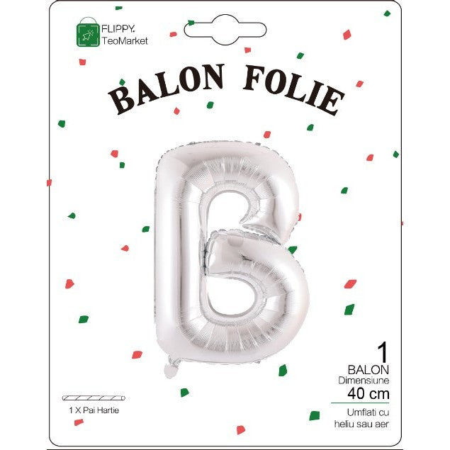 Balon Folie Metalizata Litera B, Flippy, 40 cm, Umflati cu Heliu sau Aer, Ambalaj Individual, Pai inclus, Argintiu-1