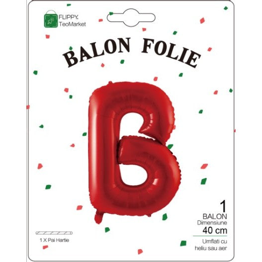Balon Folie Metalizata Litera B, Flippy, 40 cm, Umflati cu Heliu sau Aer, Ambalaj Individual, Pai inclus, Rosu-1