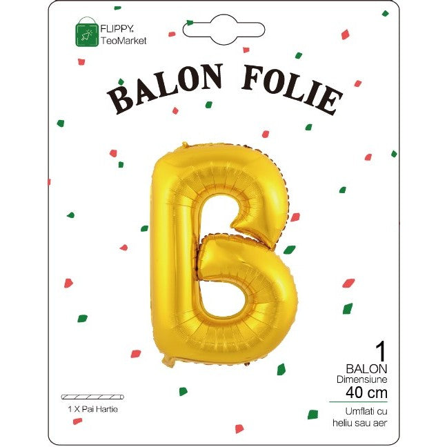 Balon Folie Metalizata Litera B, Flippy, 40 cm, Umflati cu Heliu sau Aer, Ambalaj Individual, Pai inclus, Auriu-1