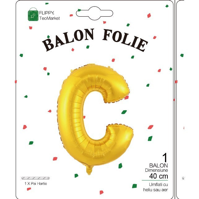 Balon Folie Metalizata Litera C, Flippy, 40 cm, Umflati cu Heliu sau Aer, Ambalaj Individual, Pai inclus, Auriu-1