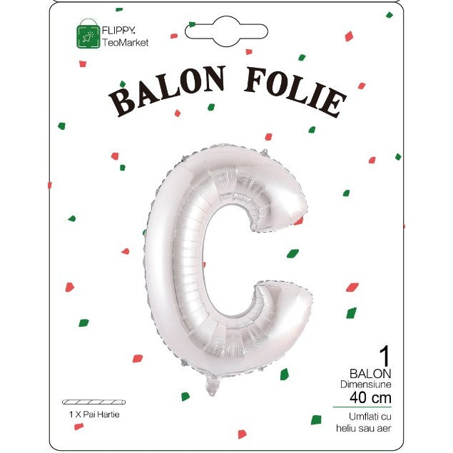 Balon Folie Metalizata Litera C, Flippy, 40 cm, Umflati cu Heliu sau Aer, Ambalaj Individual, Pai inclus, Argintiu-1