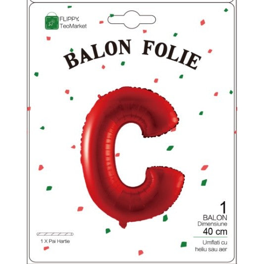 Balon Folie Metalizata Litera C, Flippy, 40 cm, Umflati cu Heliu sau Aer, Ambalaj Individual, Pai inclus, Rosu-1