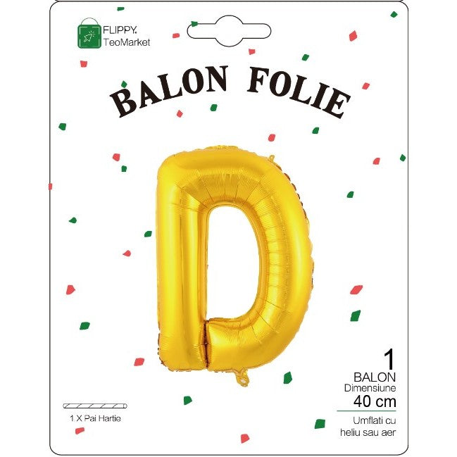 Balon Folie Metalizata Litera D, Flippy, 40 cm, Umflati cu Heliu sau Aer, Ambalaj Individual, Pai inclus, Auriu-1