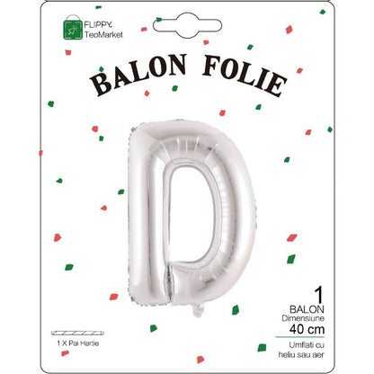 Balon Folie Metalizata Litera D, Flippy, 40 cm, Umflati cu Heliu sau Aer, Ambalaj Individual, Pai inclus, Argintiu-1