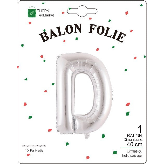 Balon Folie Metalizata Litera D, Flippy, 40 cm, Umflati cu Heliu sau Aer, Ambalaj Individual, Pai inclus, Argintiu-1