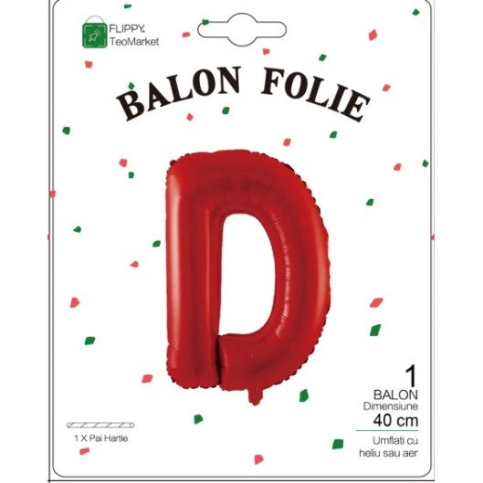 Balon Folie Metalizata Litera D, Flippy, 40 cm, Umflati cu Heliu sau Aer, Ambalaj Individual, Pai inclus, Rosu-1