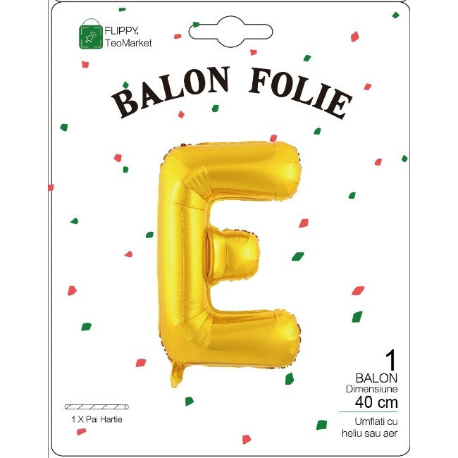 Balon Folie Metalizata Litera E, Flippy, 40 cm, Umflati cu Heliu sau Aer, Ambalaj Individual, Pai inclus, Auriu-1