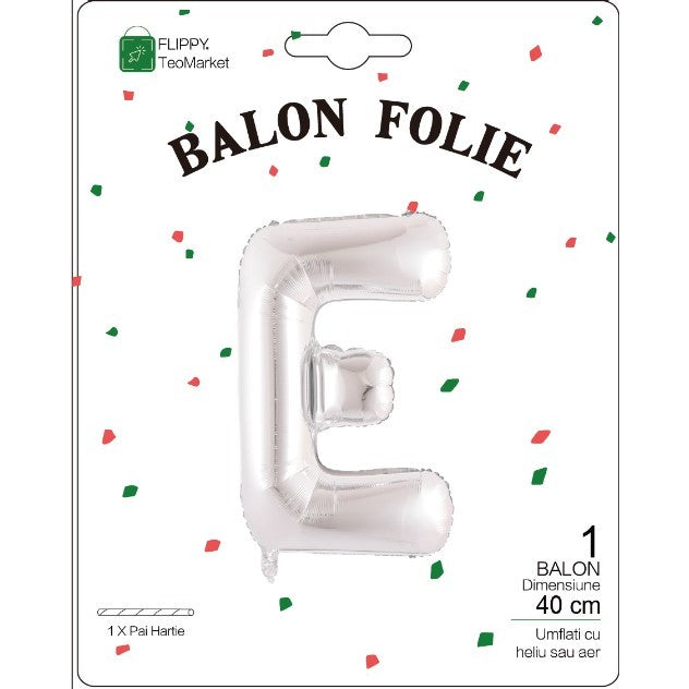 Balon Folie Metalizata Litera E, Flippy, 40 cm, Umflati cu Heliu sau Aer, Ambalaj Individual, Pai inclus, Argintiu-1