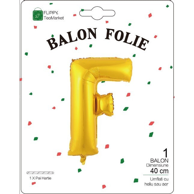 Balon Folie Metalizata Litera F, Flippy, 40 cm, Umflati cu Heliu sau Aer, Ambalaj Individual, Pai inclus, Auriu-1