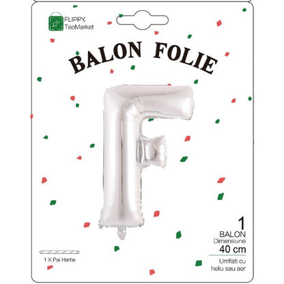 Balon Folie Metalizata Litera F, Flippy, 40 cm, Umflati cu Heliu sau Aer, Ambalaj Individual, Pai inclus, Argintiu-1