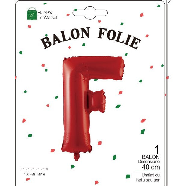 Balon Folie Metalizata Litera F, Flippy, 40 cm, Umflati cu Heliu sau Aer, Ambalaj Individual, Pai inclus, Rosu-1