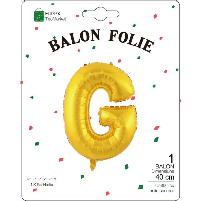 Balon Folie Metalizata Litera G, Flippy, 40 cm, Umflati cu Heliu sau Aer, Ambalaj Individual, Pai inclus, Auriu-1