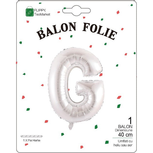 Balon Folie Metalizata Litera G, Flippy, 40 cm, Umflati cu Heliu sau Aer, Ambalaj Individual, Pai inclus, Argintiu-1