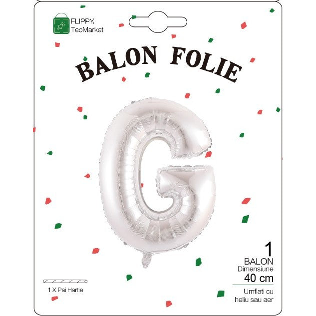 Balon Folie Metalizata Litera G, Flippy, 40 cm, Umflati cu Heliu sau Aer, Ambalaj Individual, Pai inclus, Argintiu-1
