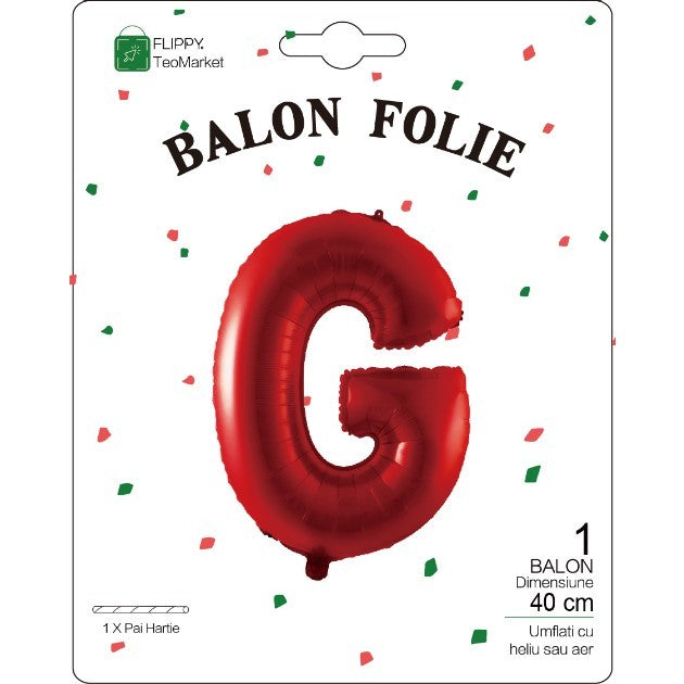 Balon Folie Metalizata Litera G, Flippy, 40 cm, Umflati cu Heliu sau Aer, Ambalaj Individual, Pai inclus, Rosu-1