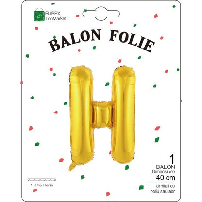 Balon Folie Metalizata Litera H, Flippy, 40 cm, Umflati cu Heliu sau Aer, Ambalaj Individual, Pai inclus, Auriu-1