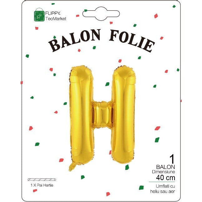 Balon Folie Metalizata Litera H, Flippy, 40 cm, Umflati cu Heliu sau Aer, Ambalaj Individual, Pai inclus, Auriu-1