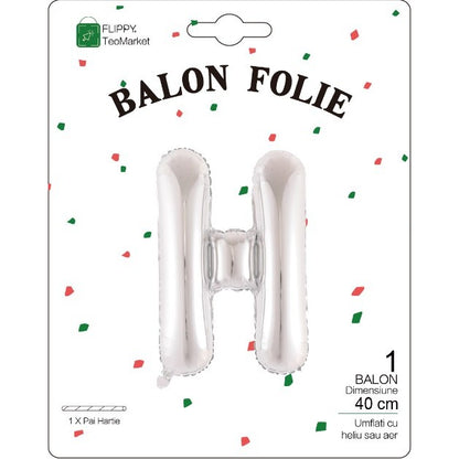 Balon Folie Metalizata Litera H, Flippy, 40 cm, Umflati cu Heliu sau Aer, Ambalaj Individual, Pai inclus, Argintiu-1
