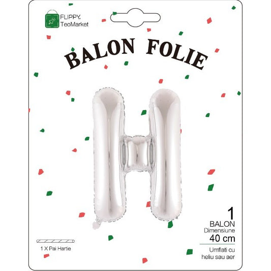 Balon Folie Metalizata Litera H, Flippy, 40 cm, Umflati cu Heliu sau Aer, Ambalaj Individual, Pai inclus, Argintiu-1