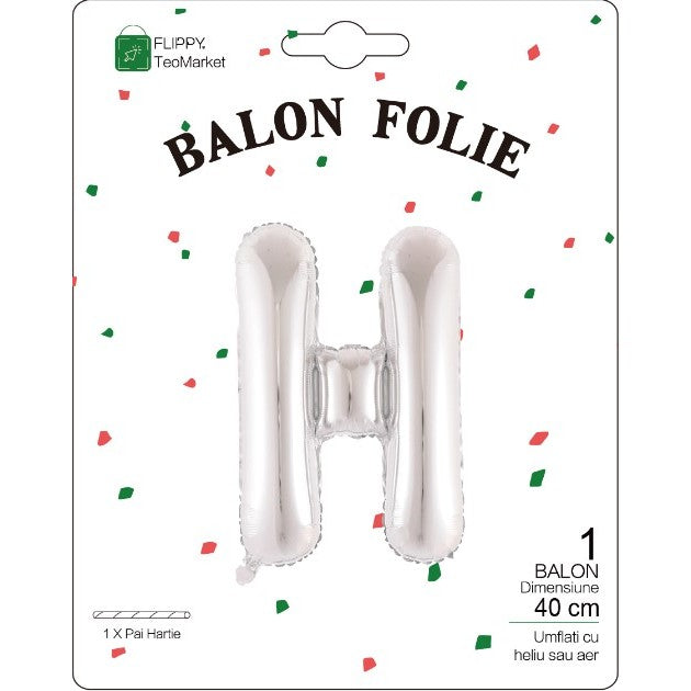 Balon Folie Metalizata Litera H, Flippy, 40 cm, Umflati cu Heliu sau Aer, Ambalaj Individual, Pai inclus, Argintiu-1
