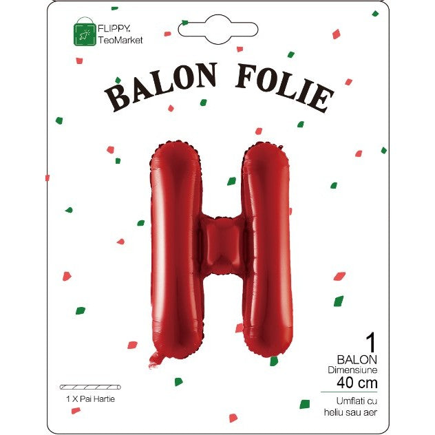 Balon Folie Metalizata Litera H, Flippy, 40 cm, Umflati cu Heliu sau Aer, Ambalaj Individual, Pai inclus, Rosu-1