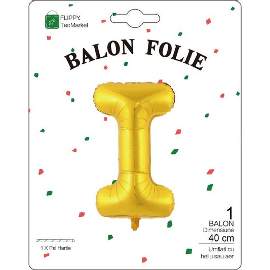 Balon Folie Metalizata Litera I, Flippy, 40 cm, Umflati cu Heliu sau Aer, Ambalaj Individual, Pai inclus, Auriu-1