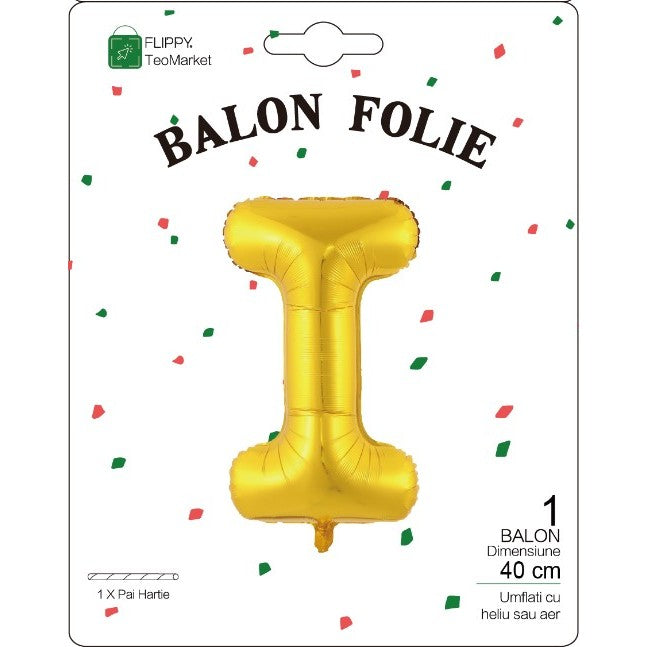 Balon Folie Metalizata Litera I, Flippy, 40 cm, Umflati cu Heliu sau Aer, Ambalaj Individual, Pai inclus, Auriu-1