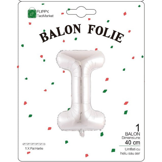 Balon Folie Metalizata Litera I, Flippy, 40 cm, Umflati cu Heliu sau Aer, Ambalaj Individual, Pai inclus, Argintiu-1