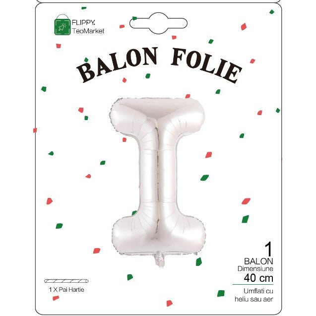 Balon Folie Metalizata Litera I, Flippy, 40 cm, Umflati cu Heliu sau Aer, Ambalaj Individual, Pai inclus, Argintiu-1