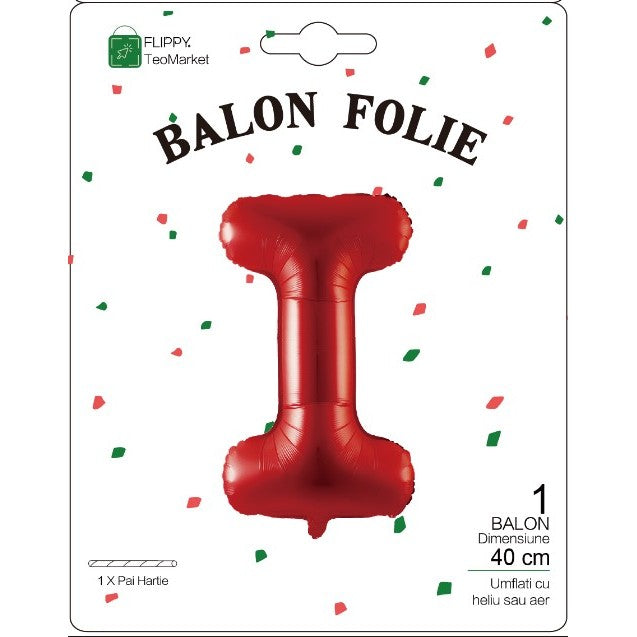 Balon Folie Metalizata Litera I, Flippy, 40 cm, Umflati cu Heliu sau Aer, Ambalaj Individual, Pai inclus, Rosu-0