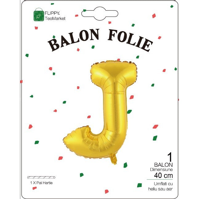 Balon Folie Metalizata Litera J, Flippy, 40 cm, Umflati cu Heliu sau Aer, Ambalaj Individual, Pai inclus, Auriu-1